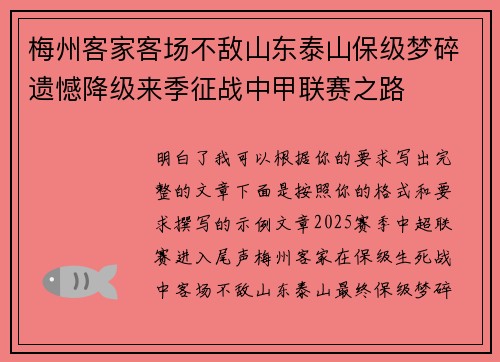 梅州客家客场不敌山东泰山保级梦碎遗憾降级来季征战中甲联赛之路