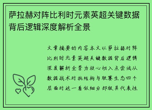 萨拉赫对阵比利时元素英超关键数据背后逻辑深度解析全景