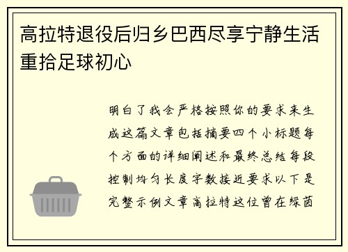 高拉特退役后归乡巴西尽享宁静生活重拾足球初心
