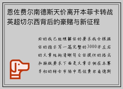 恩佐费尔南德斯天价离开本菲卡转战英超切尔西背后的豪赌与新征程